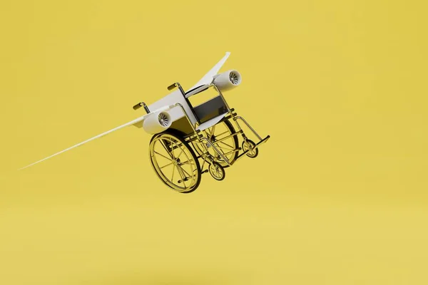 the concept of movement of persons with disabilities. a wheelchair flying on the wings of an aircraft. 3D render.