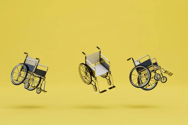 Wheelchairs Movement Disabled People Wheelchairs Flying Yellow Background Render — Stock Photo, Image