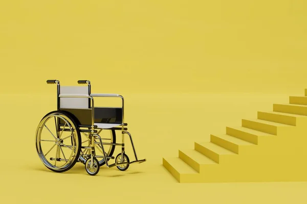 a person in a wheelchair cannot climb the stairs. lack of a ramp for the disabled. 3D render.