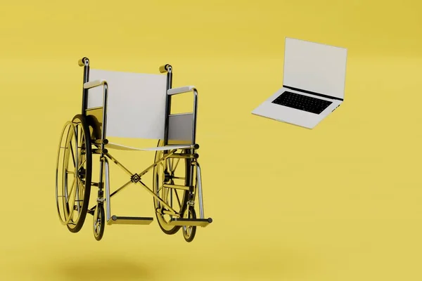 remote work for the disabled. a wheelchair and a laptop on a yellow background. 3D render.