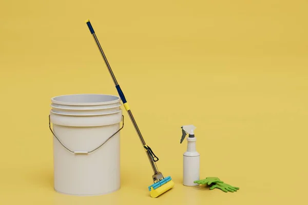 掃除機だ バケツ 床のモップ ほこりの除去と手袋 3Dレンダリング — ストック写真