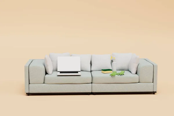 furniture cleaning services. laptop and cleaning equipment on the couch. 3d render.