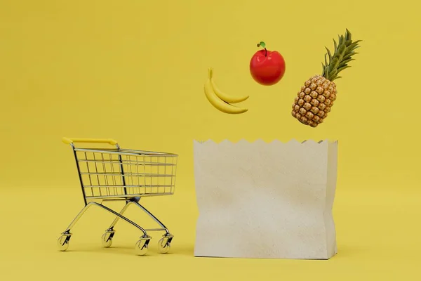 Conceito Nutrição Adequada Comprar Fruta Loja Carrinho Fruta Saco Compras — Fotografia de Stock