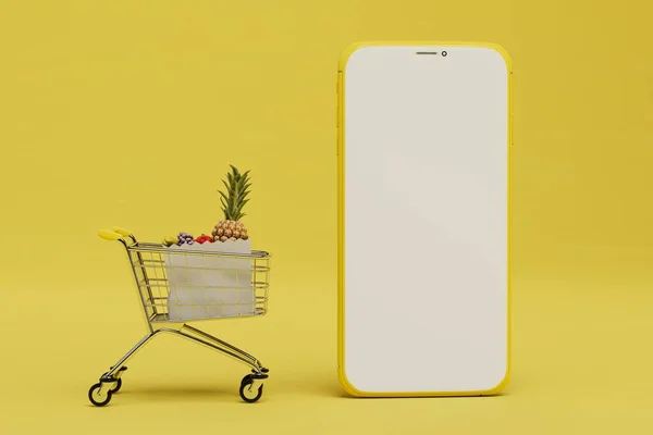 İnternetten meyve almak. Sarı arka planda meyve arabası ve akıllı telefon. 3 Boyutlu Hazırlama.