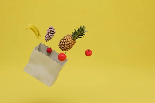 the concept of healthy eating. fruits flying out of the shopping bag on a yellow background. copy paste. 3D render.