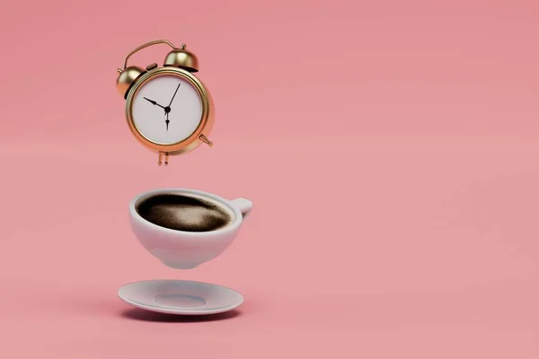 coffee time. the concept of morning rest. alarm clock and cup of coffee on a pink background. copy paste. 3D render.
