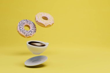 Tatlı atıştırmalık Sarı arka planda çok renkli jöleli bir fincan çay ve çörek. kopyala yapıştır. 3 Boyutlu Hazırlama.