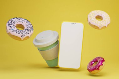 Kahve ve donutların ödemesi akıllı telefondan yapılıyor. Akıllı telefon, sarı arka planda bir bardak kahve ve çörek. 3 Boyutlu Hazırlama.