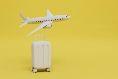 Uçakla seyahat kavramı. Sarı arka planda bavullu uçak ve bavul. kopyala yapıştır. 3 Boyutlu Hazırlama.