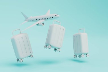 Uçakla seyahat etmek. mavi arka planda bavullu uçak ve bavullar. 3 Boyutlu Hazırlama.