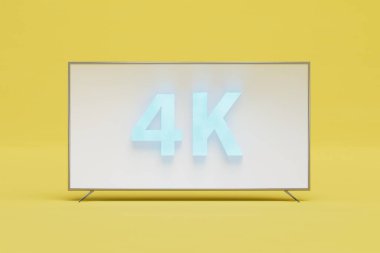 Modern teknolojiler. Ekrandaki akıllı TV 'de neon ışıkla aydınlatılmış 4K yazıyor. 3 Boyutlu Hazırlama.