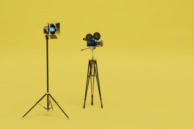 Fotoğraf ve video çekimi konsepti. Üç ayaklı bir kamera ve sarı arka planda bir softbox. 3 Boyutlu Hazırlama.