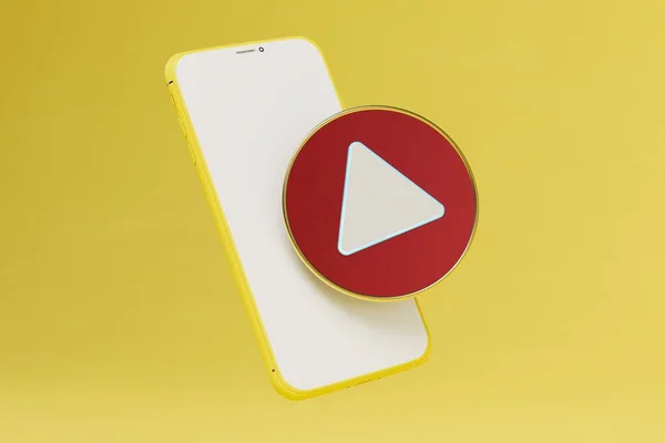 Telefonundan Video Izlersin Akıllı Telefon Sarı Arka Planda Oynatma Tuşu — Stok fotoğraf