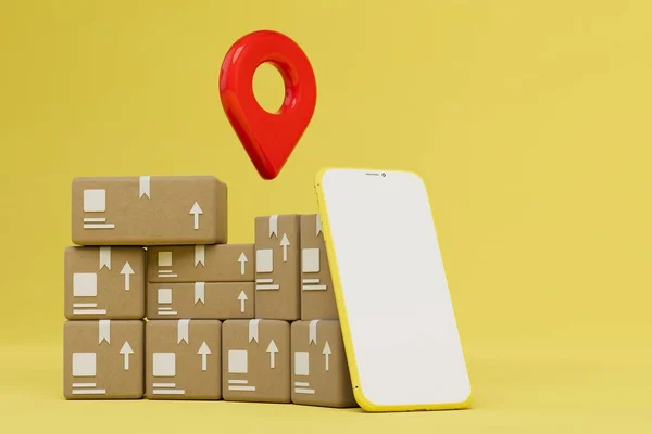 Paketlerin adrese akıllı telefondan gönderilmesini emredin. Telefon, paket ve jps noktası. 3 Boyutlu Hazırlama.