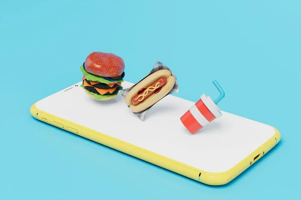 order fast food online via smartphone. a smartphone on which is a hamburger, hotdog and cola. 3D render.