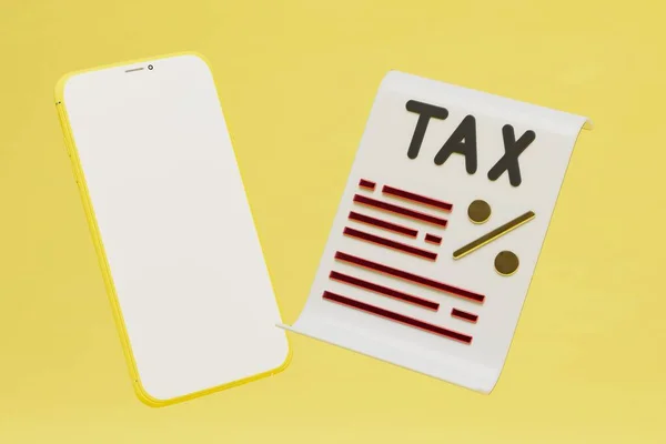 Concepto Pagar Impuestos Línea Smartphone Declaración Impuestos Sobre Fondo Amarillo — Foto de Stock
