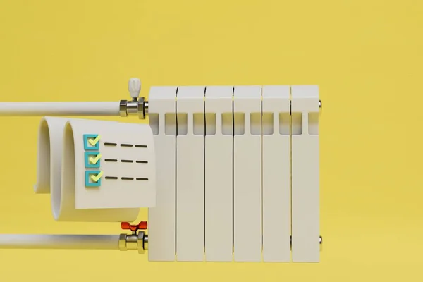 heating bill. Score and batteries on a yellow background. 3D render.