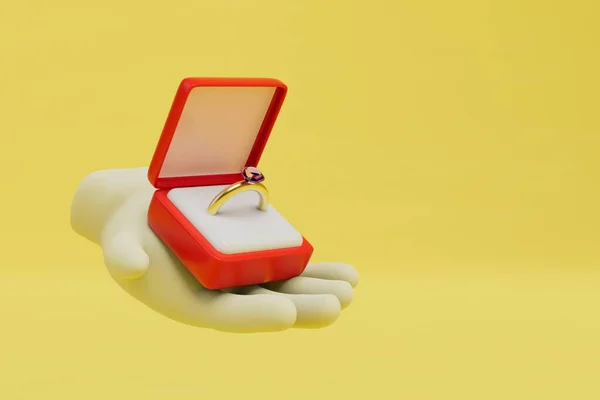 Begreppet Äktenskap Röd Låda Med Ring Handen Gul Bakgrund Återgivning — Stockfoto