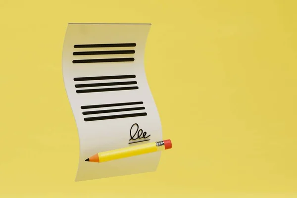the concept of formal marriage. marriage certificate and pencil on a yellow background. 3D render.