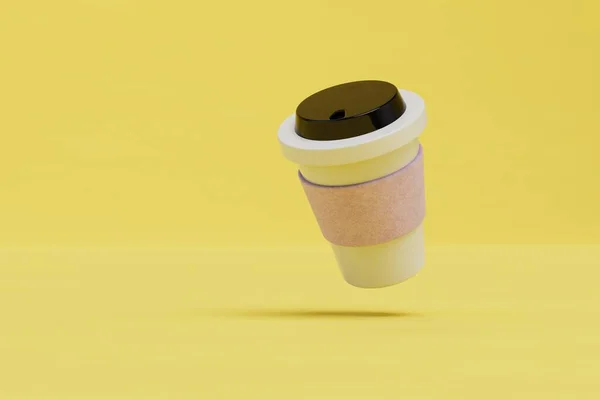 黄色背景上的塑料咖啡杯 复制粘贴 复制空间 3D渲染 — 图库照片