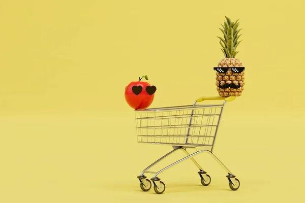 Carrinho Comida Qual Abacaxi Copos Com Bigode Uma Maçã Vermelha — Fotografia de Stock