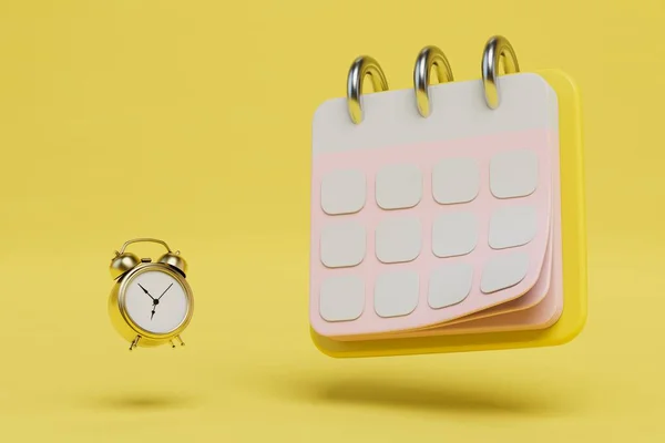set an alarm clock for a certain day. alarm clock and flip paper calendar on a yellow background. 3D render.