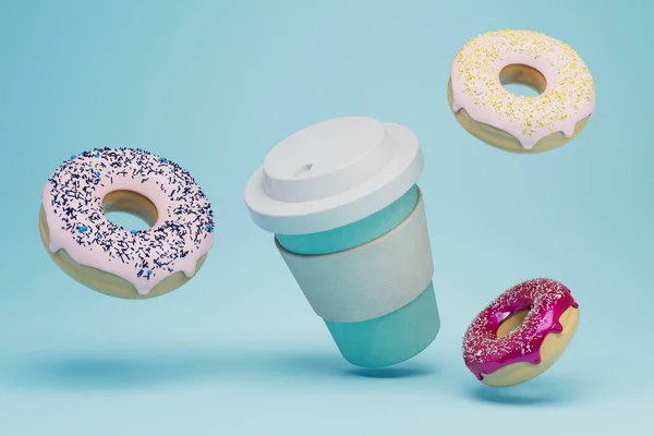 Conceito Delicioso Lanche Copo Café Donuts Fundo Azul Renderização — Fotografia de Stock