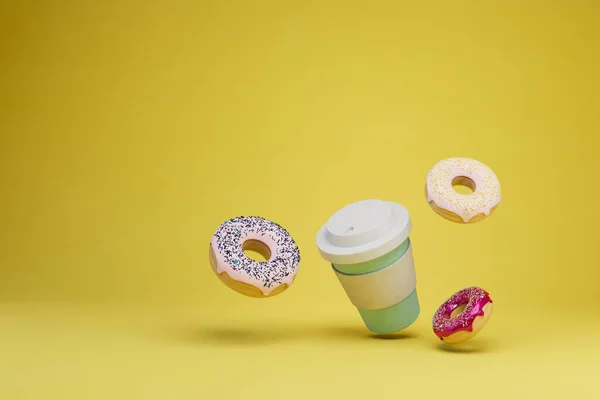 Conceito Delicioso Lanche Copo Café Donuts Fundo Amarelo Copiar Pasta — Fotografia de Stock