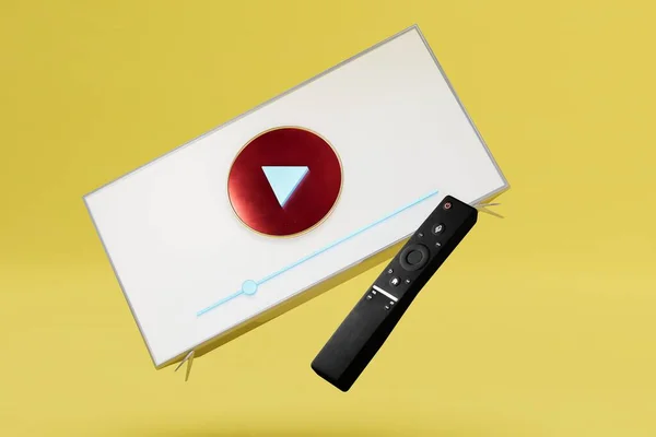 watch videos on smart TV. TV with a play button on the display and a remote control on a yellow background. 3D render.
