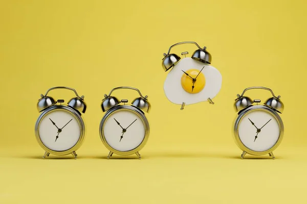 Hora Pequeno Almoço Relógio Alarme Velho Despertador Com Ovos Mexidos — Fotografia de Stock