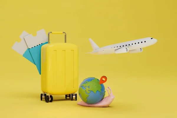 long journey by plane. plane, tickets and luggage next to the snail carrying the planet with the jps point. 3D render.
