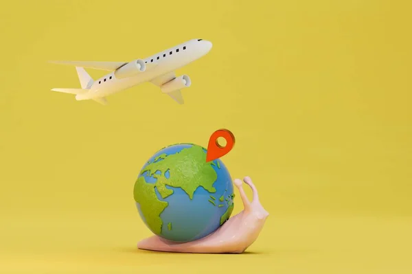 long journey by plane. a snail carrying a planet with a jps point and a flying plane on a yellow background. 3D render.