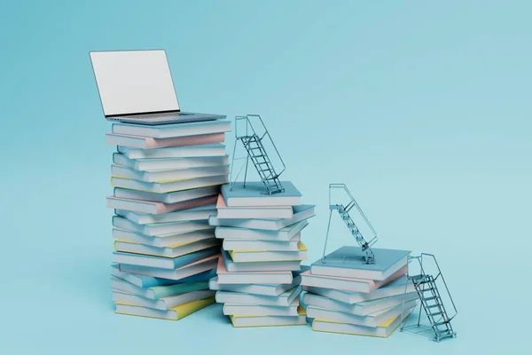 Concepto Aprendizaje Línea Pilas Libros Las Que Las Escaleras Conducen — Foto de Stock