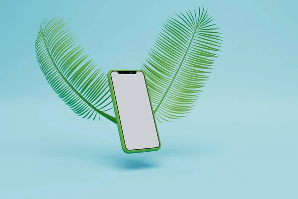 Smartfon Latający Zielonych Piórach Niebieskim Tle Kopiuj Wklej Kopiuj Miejsce — Zdjęcie stockowe