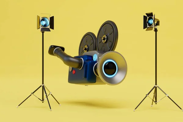 the concept of filming a movie. video camera between softboxes on a yellow background. 3D render.