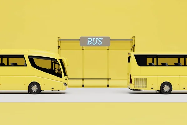 停下来等公共汽车 在一个黄色的背景上 在巴士站旁边的黄色公共汽车 3D渲染 — 图库照片