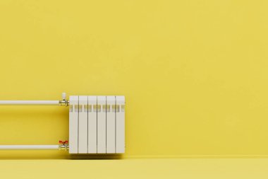 Evlere pil yerleştirme kavramı. Sarı arka planda beyaz pil. kopyala yapıştır. 3 Boyutlu Hazırlama.