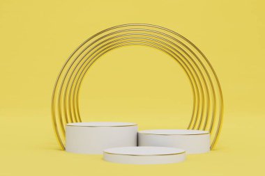 Soyut arkaplan. Beyaz podyumlar, arkasında sarı arka planda altın kemer olan ürünleri yerleştirmek için. 3 Boyutlu Hazırlama.