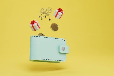 Hediyelerin peşin ödenmesi. Yanında bir el arabası ve hediyeler olan bozuk para dolu bir cüzdan. 3 Boyutlu Hazırlama.