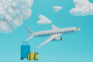 Uçakla seyahat etmek. Beyaz bulutlu mavi bir arka planda uçak ve bagaj. 3 Boyutlu Hazırlama.