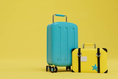 Uzun yolculuklar konsepti. Bavul ve sarı arka planda küçük bir bavul. 3 Boyutlu Hazırlama.
