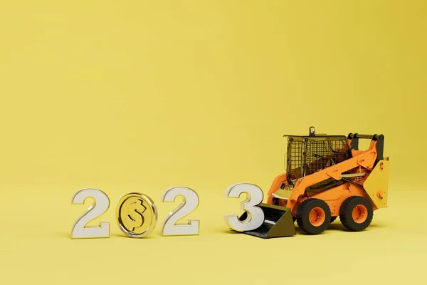 Conceito Início 2023 Bulldozer Carregando Dígitos 2023 Onde Dólar Moeda — Fotografia de Stock