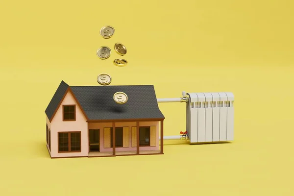 家の暖房費の支払い 黄色の背景に家の近くのバッテリーとドル硬貨が飛んでいます 3Dレンダリング — ストック写真