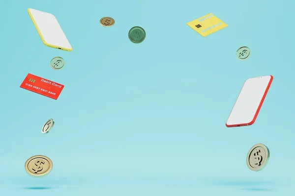 Online Banking Smartphones Kreditkarten Und Münzen Auf Blauem Hintergrund Copy — Stockfoto
