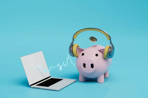 listening to business lectures in headphones on a laptop. laptop and piggy bank in headphones. 3D render.