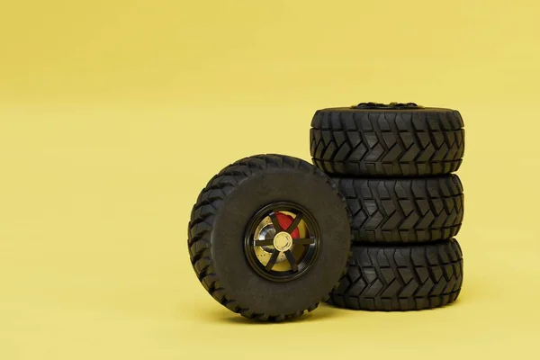車の車輪の購入と交換 黄色い背景のマシンホイール コピーペースト 3Dレンダリング — ストック写真