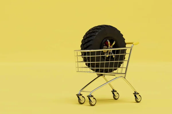 buying wheels for the car. a machine wheel in a shopping cart on a yellow background. 3D render.