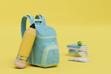 Okulda ya da üniversitede eğitim kavramı. Sırt çantası, kalem, kitaplar ve sarı arka planda elma. 3 Boyutlu Hazırlama.
