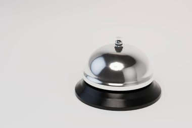 Beyaz arka planda metal masa zili. kopyala yapıştır, kopyala alanı. 3 Boyutlu Hazırlama.