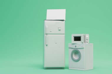 ev aletleri satın almak. Buzdolabı, dizüstü bilgisayar, çamaşır makinesi ve yeşil arka planda mikrodalga fırın. 3 Boyutlu Hazırlama.